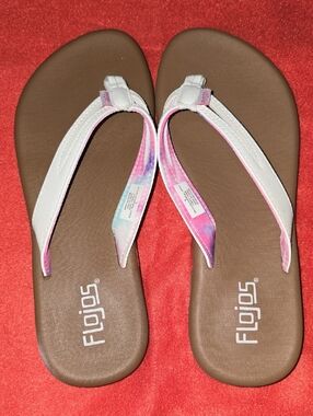 Flojos Brown Flip Flop Sandals with White and Pink Tie-Dye Straps